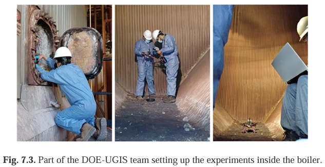 Field deployment: setting up inspection experiments inside a power-plant boiler with the DOE-UGIS team.